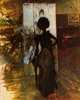 喬瓦尼 波爾蒂尼 Woman in Black Looking at the Portrait of Signora Emiliana Concha de ossa